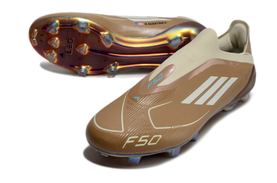 Men's Messi x Adidas F50 Elite Laceless Benito FG Firm Ground Low-Tops Football Boots - Brown/White/Blue