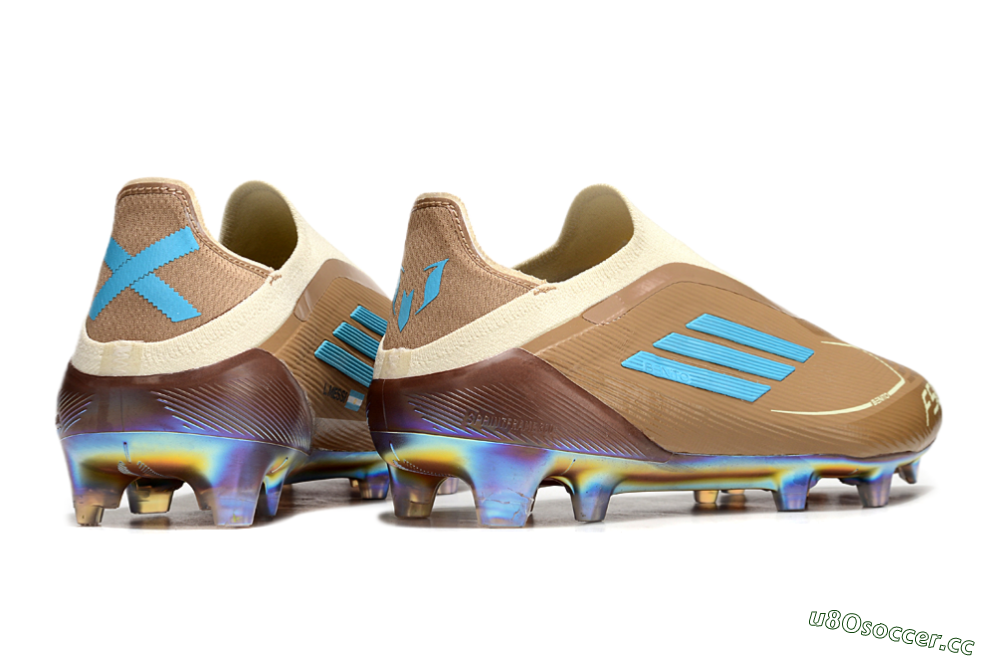 Men's Messi x Adidas F50 Elite Laceless Benito FG Firm Ground Low-Tops Football Boots - Brown/White/Blue 6