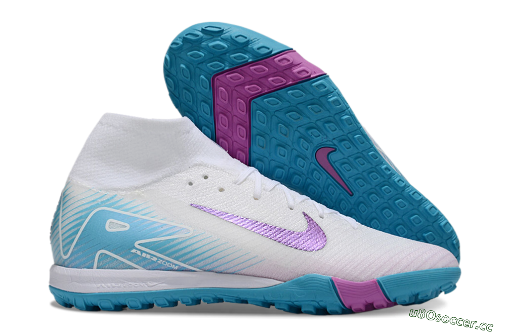 Unisex Nike Air Zoom Mercurial Superfly 10 Elite TF Artificial Turf High-Tops Football Shoes - White/Purple/Blue 2