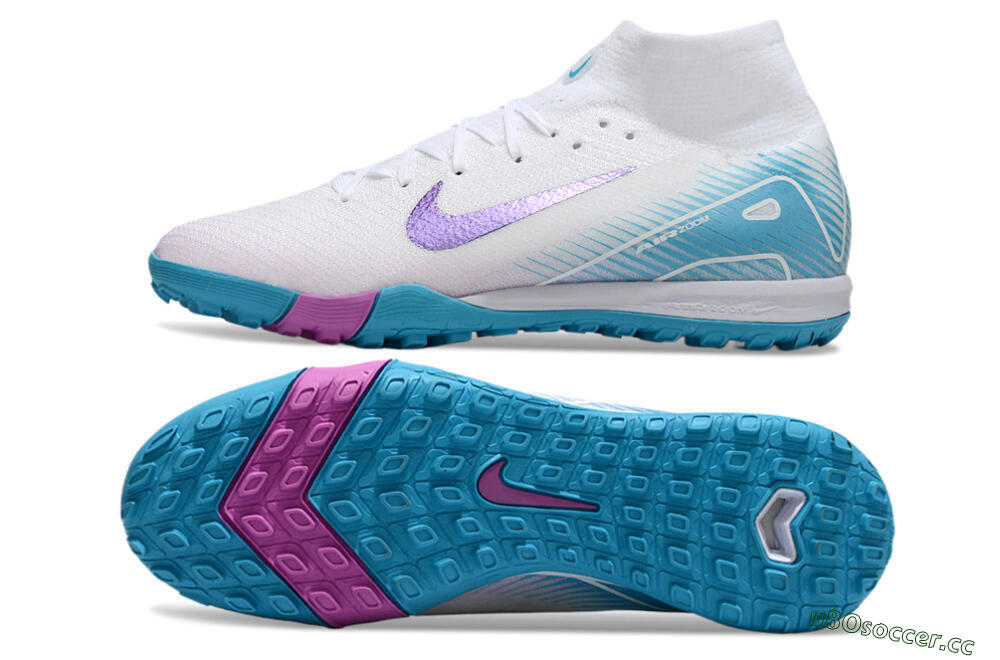 Unisex Nike Air Zoom Mercurial Superfly 10 Elite TF Artificial Turf High-Tops Football Shoes - White/Purple/Blue 1