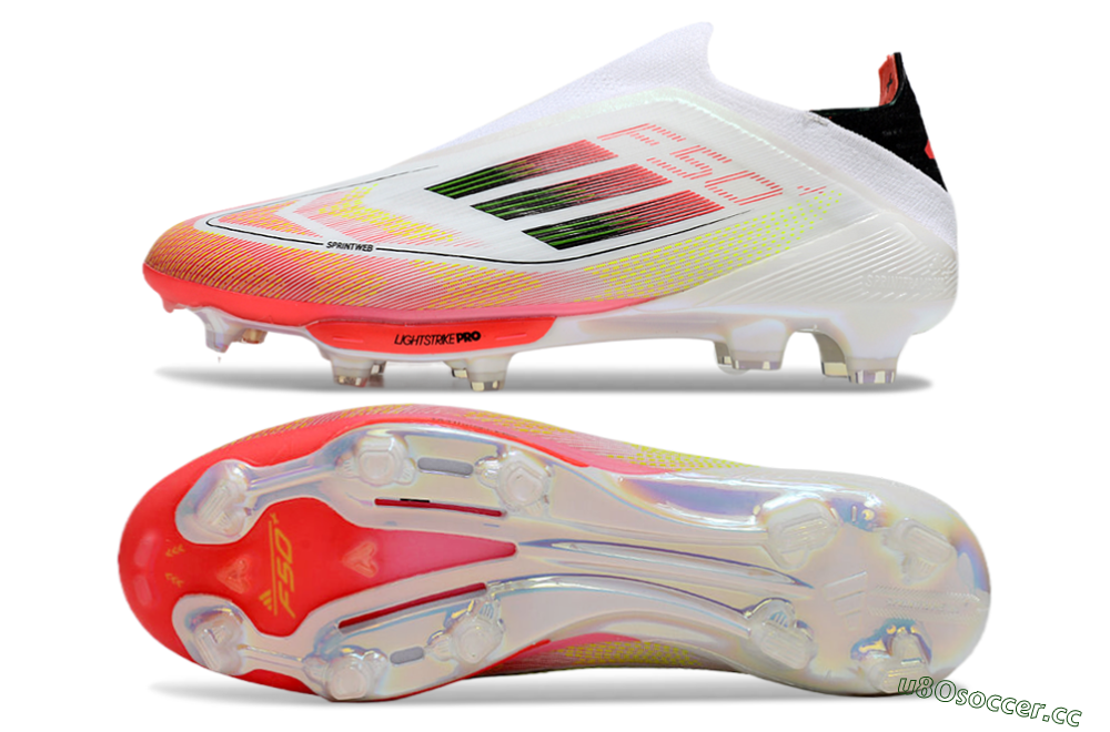 Men's Adidas F50 Elite Lightstrike Laceless FG Firm Ground Low-Tops Football Boots - White/Red/Yellow 1