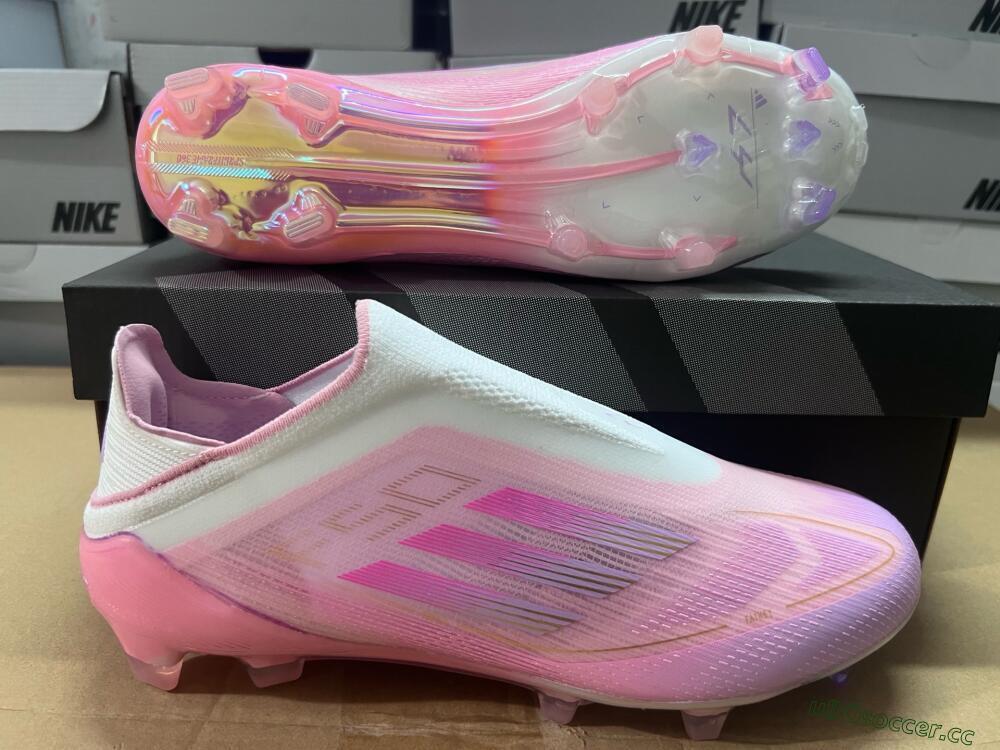 Men's Adidas F50 Elite Laceless FG Firm Ground Low-Tops Football Boots - White/Pink/Gold