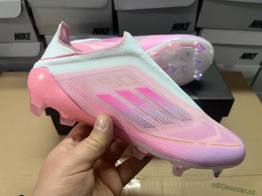 Men's Adidas F50 Elite Laceless FG Firm Ground Low-Tops Football Boots - White/Pink/Gold