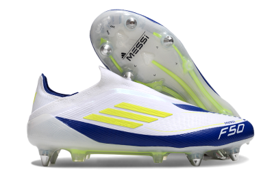 Men's Adidas F50 Elite Laceless SG Soft Ground Low-Tops Football Boots - White/Blue/Yellow