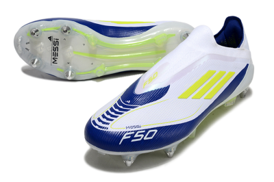 Men's Adidas F50 Elite Laceless SG Soft Ground Low-Tops Football Boots - White/Blue/Yellow