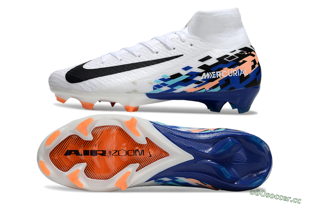 Unisex Nike Air Zoom Mercurial Superfly 10 Elite FG Firm Ground High-Tops Football Boots - White/Blue/Orange 1