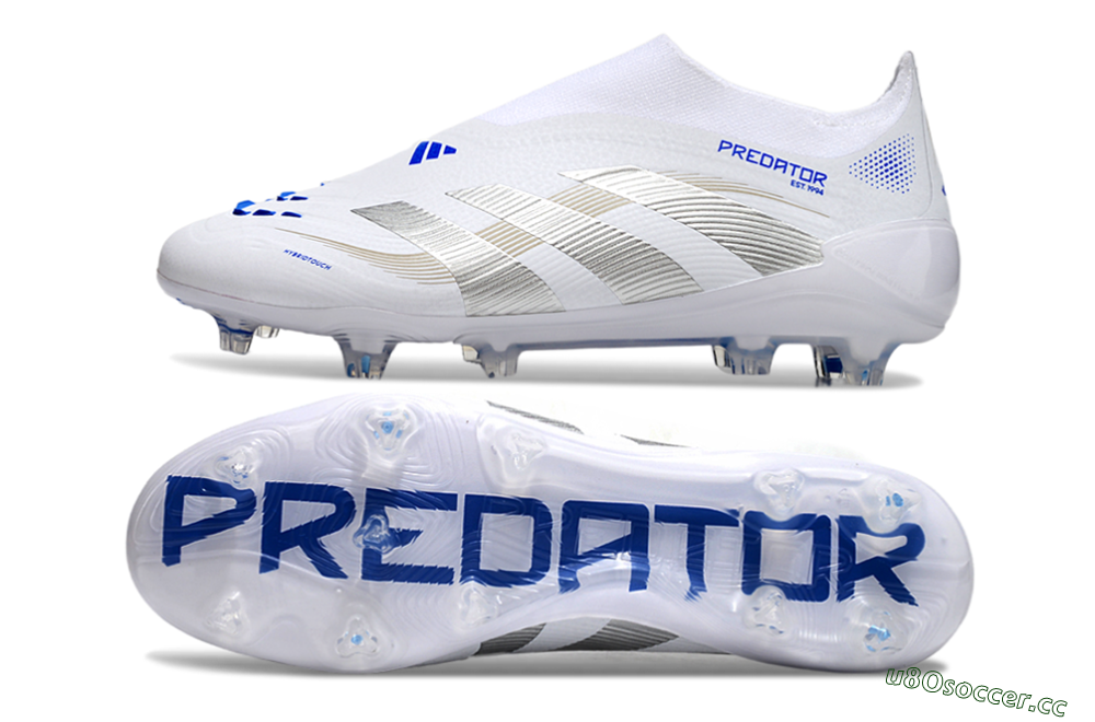 Men's Adidas Predator Laceless Elite 25 FG Firm Ground Low-Tops Football Boots - White/Blue/Silver 1