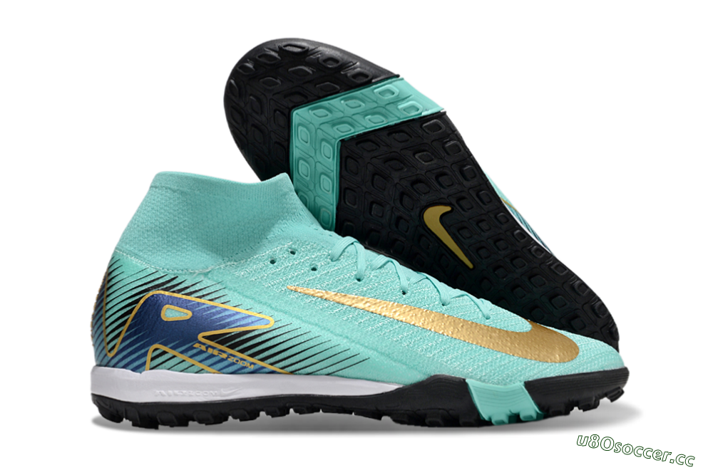 Unisex Nike Air Zoom Mercurial Superfly 10 Elite TF Artificial Turf High-Tops Football Shoes - Jade/Gold/Blue 2