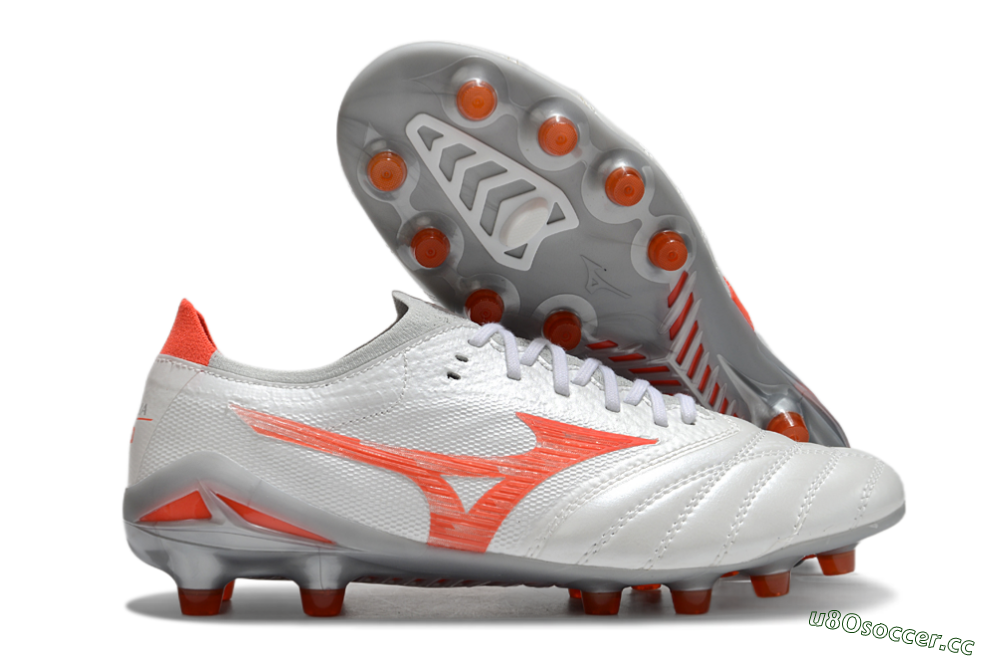 Men's Mizuno Morelia Neo 4 Bate FG Firm Ground Low-Tops Football Boots - White/Red/Grey 2
