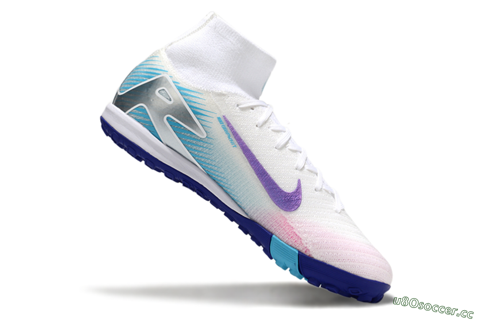 Unisex Nike Air Zoom Mercurial Superfly 10 Elite TF Artificial Turf High-Tops Football Shoes - White/Purple/Blue 5