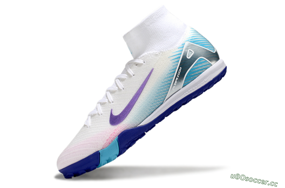 Unisex Nike Air Zoom Mercurial Superfly 10 Elite TF Artificial Turf High-Tops Football Shoes - White/Purple/Blue 6