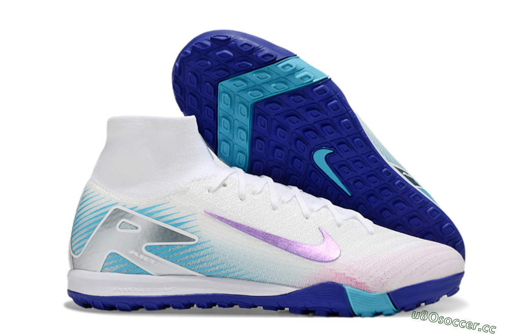 Unisex Nike Air Zoom Mercurial Superfly 10 Elite TF Artificial Turf High-Tops Football Shoes - White/Purple/Blue 2