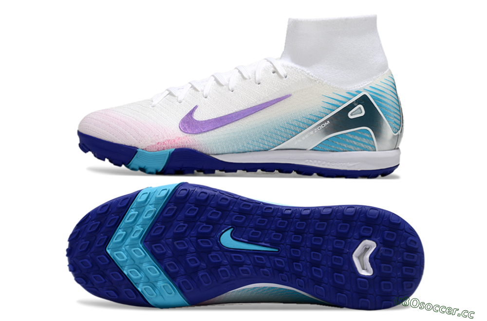 Unisex Nike Air Zoom Mercurial Superfly 10 Elite TF Artificial Turf High-Tops Football Shoes - White/Purple/Blue 1