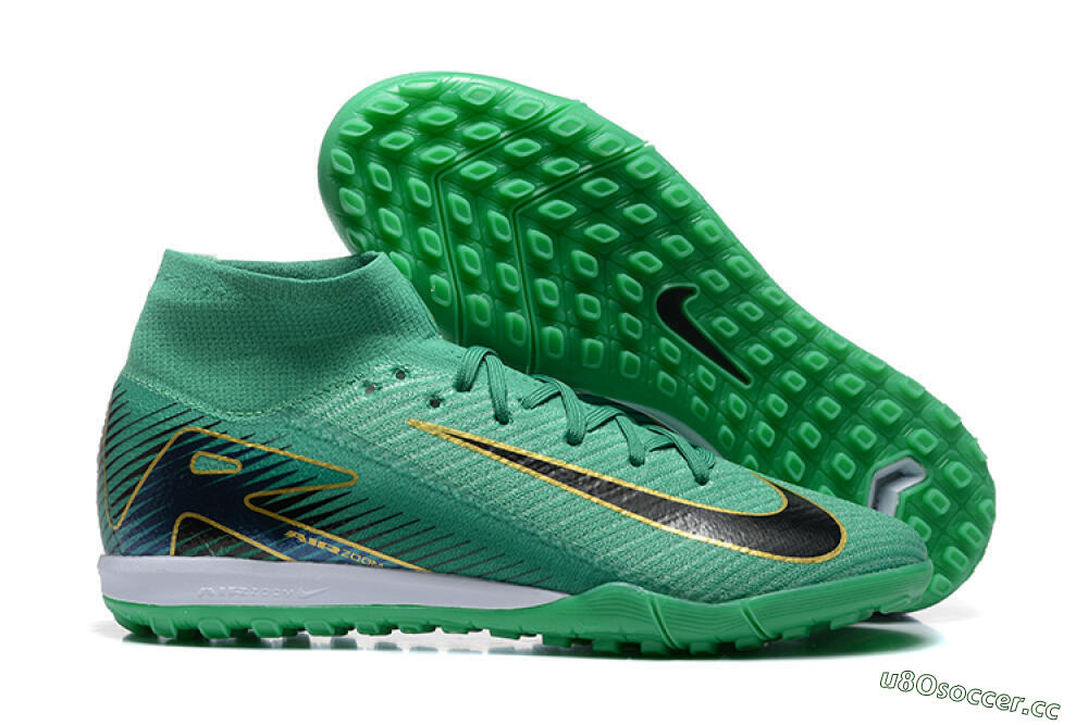 Men's Nike Air Zoom Mercurial Superfly 10 Elite TF Artificial Turf High-Tops Football Shoes - Green/Gold/White 2