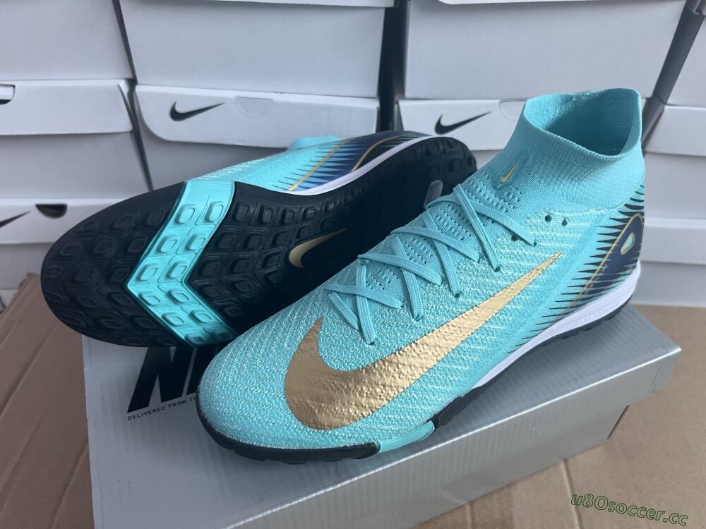Unisex Nike Air Zoom Mercurial Superfly 10 Elite TF Artificial Turf High-Tops Football Shoes - Jade/Gold/Blue