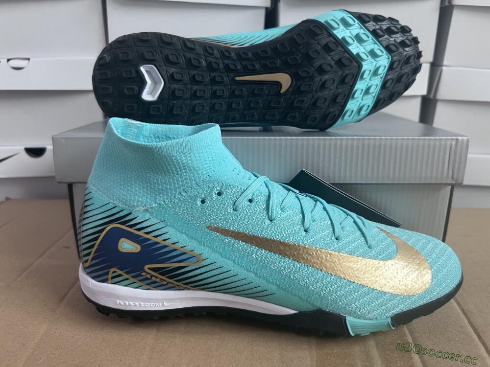 Unisex Nike Air Zoom Mercurial Superfly 10 Elite TF Artificial Turf High-Tops Football Shoes - Jade/Gold/Blue