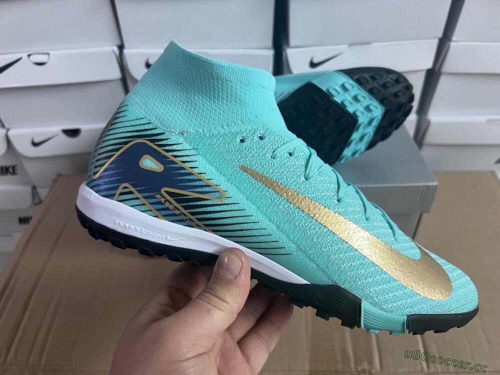 Unisex Nike Air Zoom Mercurial Superfly 10 Elite TF Artificial Turf High-Tops Football Shoes - Jade/Gold/Blue
