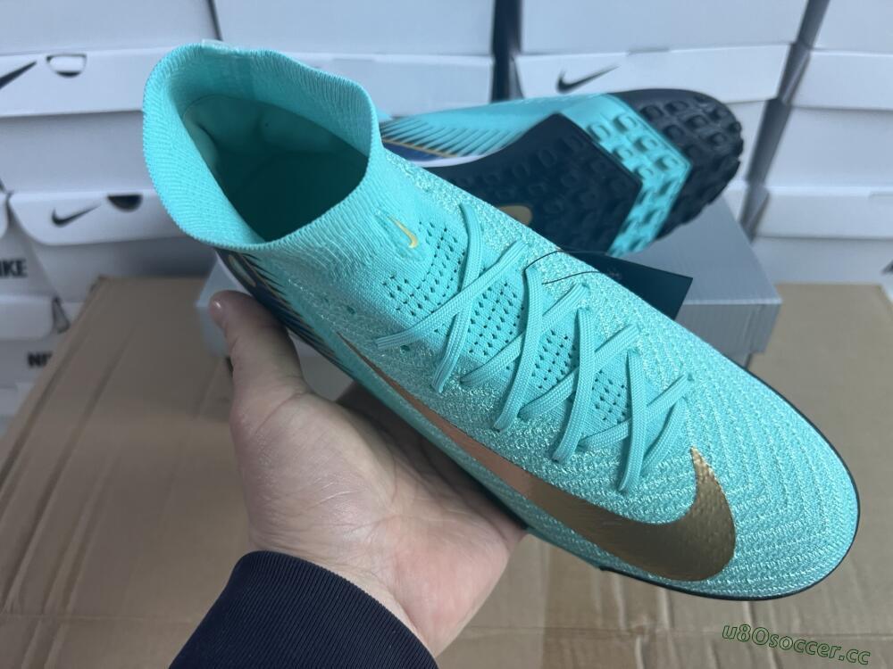 Unisex Nike Air Zoom Mercurial Superfly 10 Elite TF Artificial Turf High-Tops Football Shoes - Jade/Gold/Blue