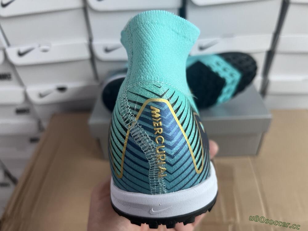 Unisex Nike Air Zoom Mercurial Superfly 10 Elite TF Artificial Turf High-Tops Football Shoes - Jade/Gold/Blue