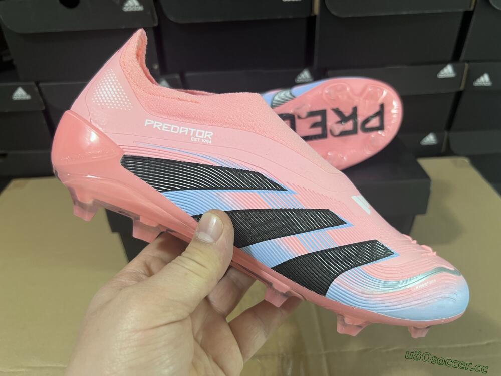 Unisex Adidas Predator Laceless Elite 25 FG Firm Ground Low-Tops Football Boots - Pink/Blue/Black