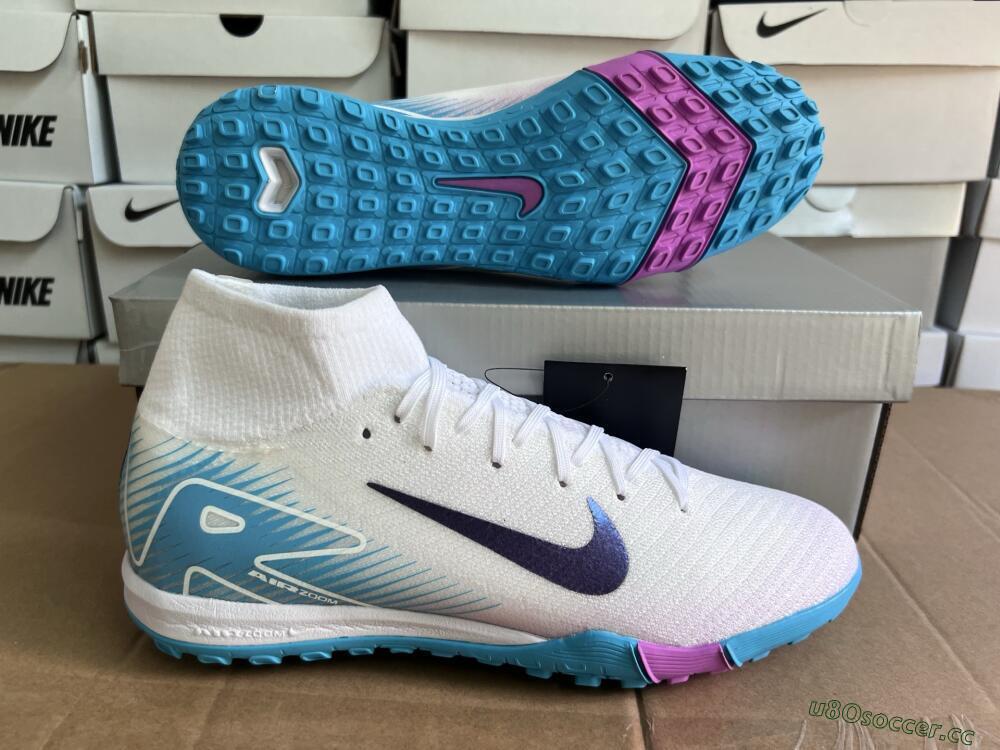 Unisex Nike Air Zoom Mercurial Superfly 10 Elite TF Artificial Turf High-Tops Football Shoes - White/Purple/Blue