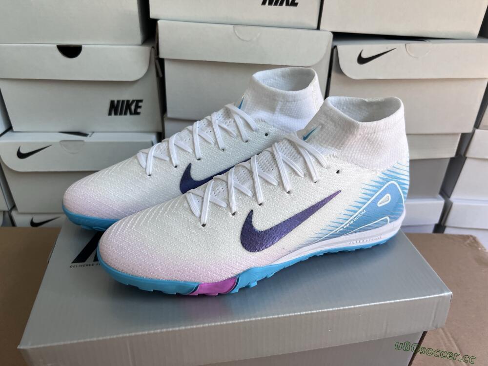 Unisex Nike Air Zoom Mercurial Superfly 10 Elite TF Artificial Turf High-Tops Football Shoes - White/Purple/Blue