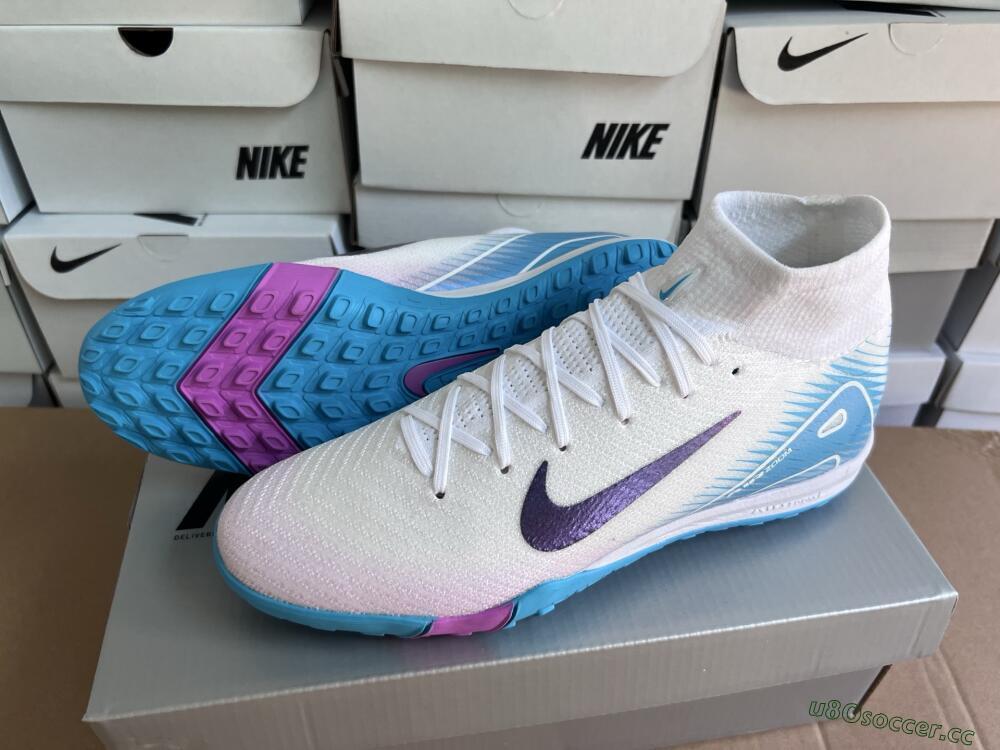 Unisex Nike Air Zoom Mercurial Superfly 10 Elite TF Artificial Turf High-Tops Football Shoes - White/Purple/Blue