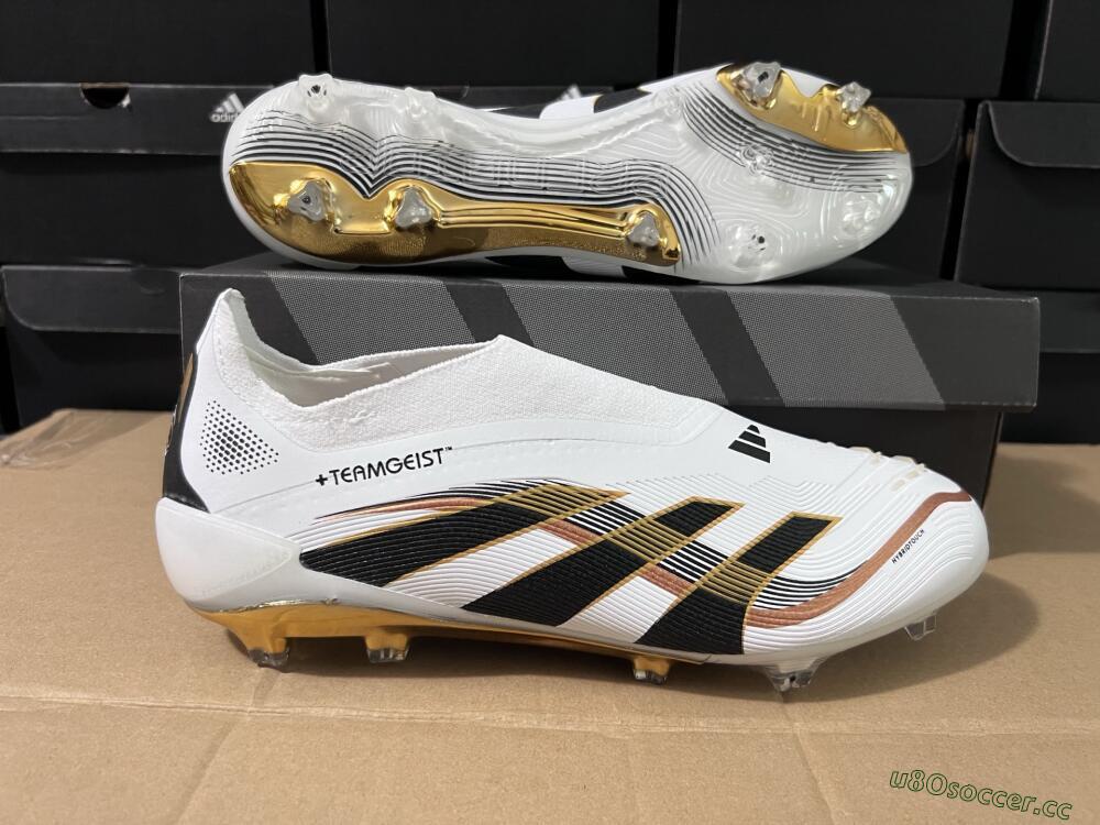 Men's Adidas Predator Laceless Elite 25 FG Firm Ground Low-Tops Football Boots - White/Black/Gold