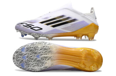 Unisex Adidas F50 Elite Laceless FG Firm Ground Low-Tops Football Boots - White/Black/Gold