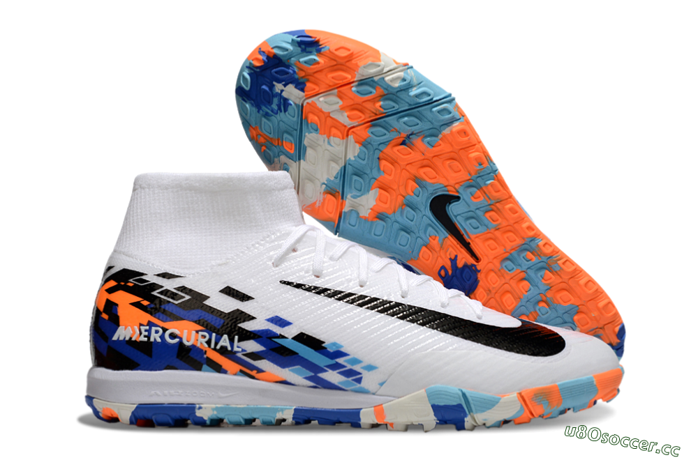 Unisex Nike Air Zoom Mercurial Superfly 10 Elite TF Artificial Turf High-Tops Football Shoes - White/Blue/Orange 2