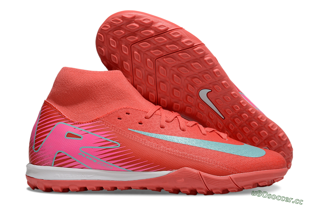 Men's Nike Air Zoom Mercurial Superfly 10 Elite TF Artificial Turf High-Tops Football Shoes - Red/Jade/Pink 2