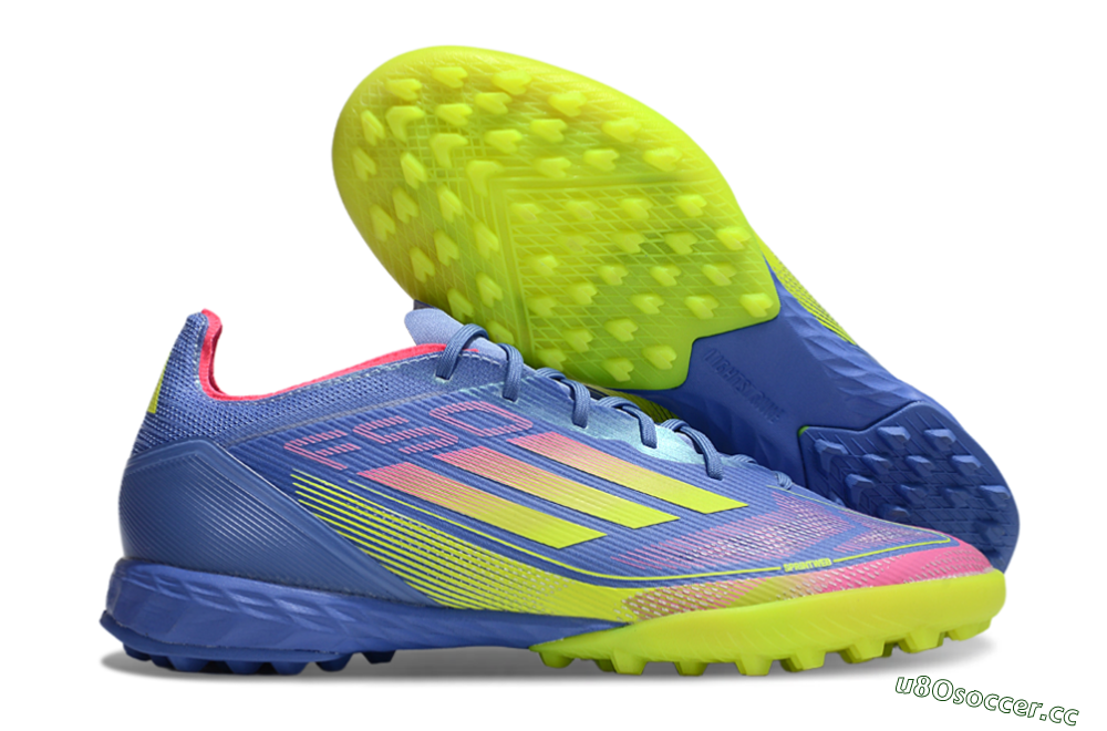Men's Adidas F50 Pro TF Artificial Turf Low-Tops Football Shoes - Blue/Yellow/Pink 2