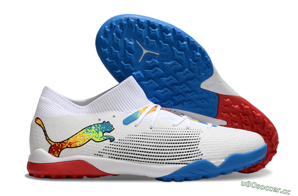 Men's Puma Future 7 Ultimate TF Artificial Turf Low-Tops Football Shoes - White/Yellow/Red/Blue 2