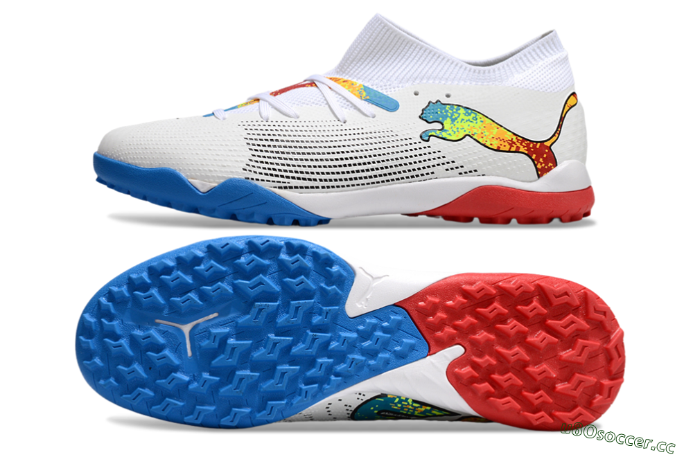 Men's Puma Future 7 Ultimate TF Artificial Turf Low-Tops Football Shoes - White/Yellow/Red/Blue 1