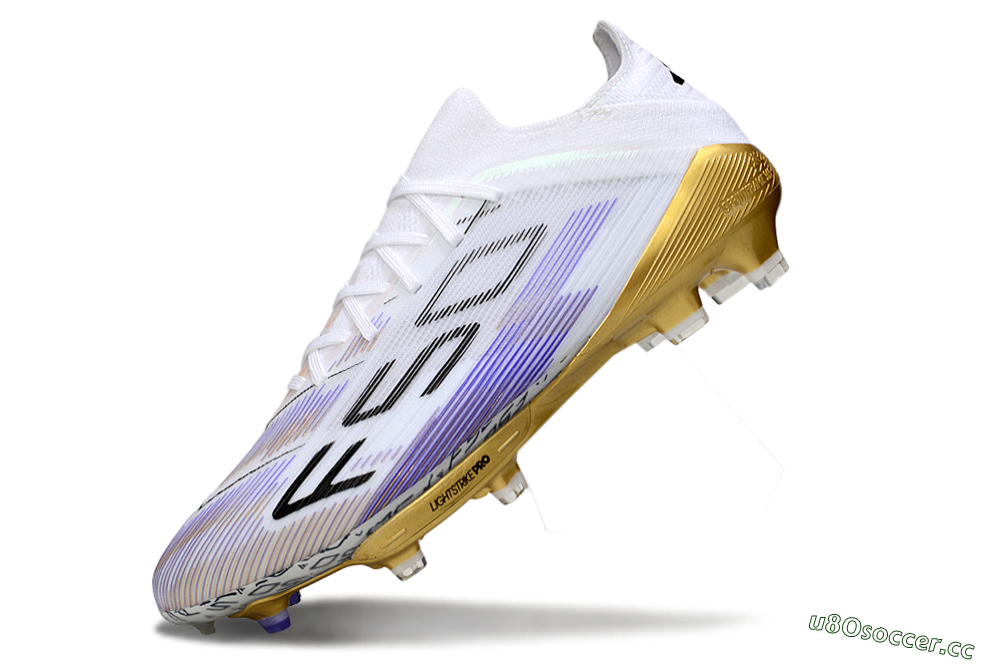 Men's Adidas F50+ Elite Lightstrike Pro FG Firm Ground Low-Tops Football Boots - White/Purple/Gold 5