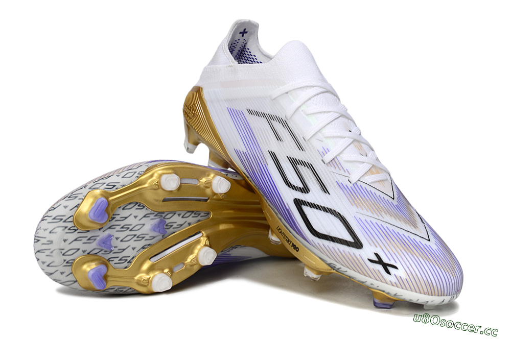 Men's Adidas F50+ Elite Lightstrike Pro FG Firm Ground Low-Tops Football Boots - White/Purple/Gold 3