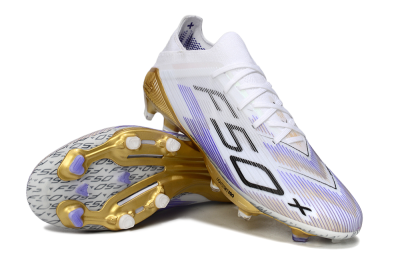 Men's Adidas F50+ Elite Lightstrike Pro FG Firm Ground Low-Tops Football Boots - White/Purple/Gold