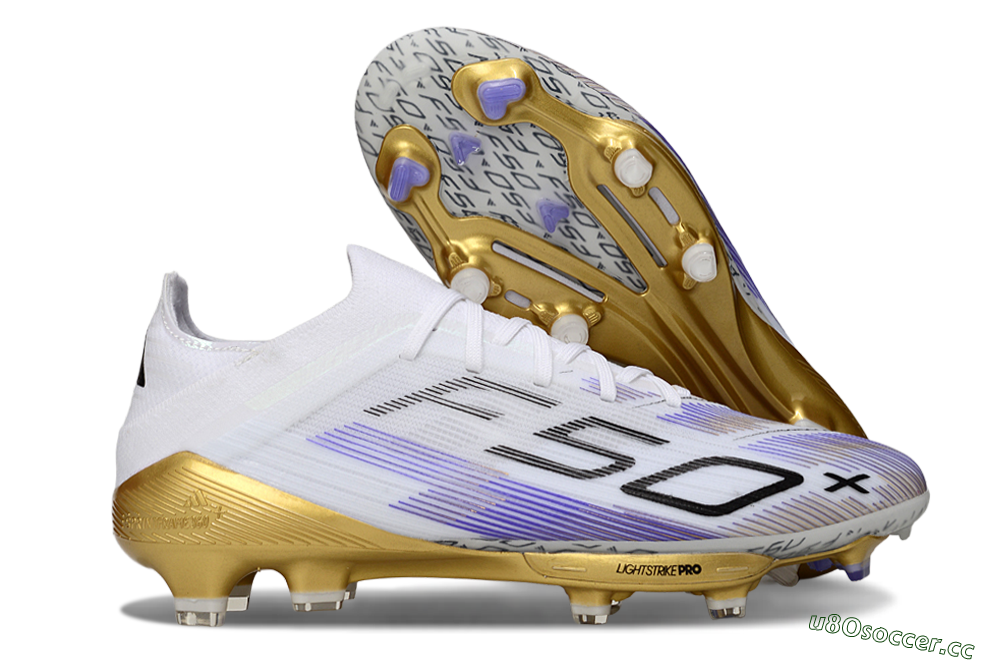 Men's Adidas F50+ Elite Lightstrike Pro FG Firm Ground Low-Tops Football Boots - White/Purple/Gold 2