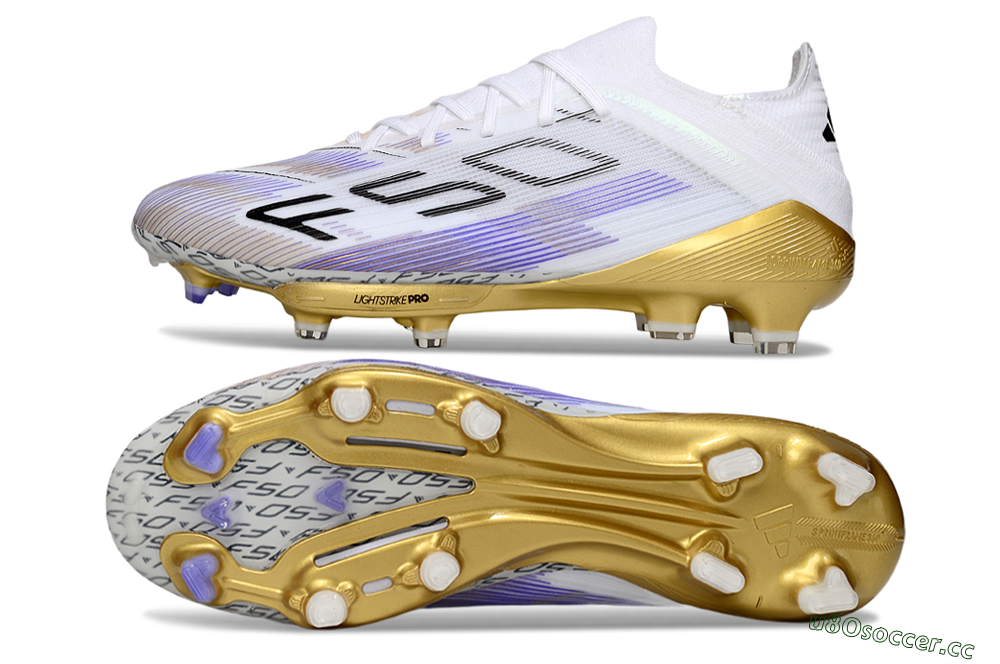Men's Adidas F50+ Elite Lightstrike Pro FG Firm Ground Low-Tops Football Boots - White/Purple/Gold 1