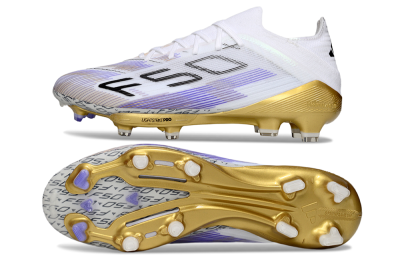 Men's Adidas F50+ Elite Lightstrike Pro FG Firm Ground Low-Tops Football Boots - White/Purple/Gold