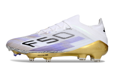 Men's Adidas F50+ Elite Lightstrike Pro FG Firm Ground Low-Tops Football Boots - White/Purple/Gold