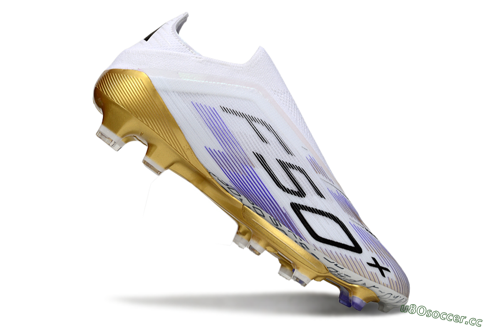 Men's Adidas F50+ Elite Lightstrike Pro Laceless FG Firm Ground Low-Tops Football Boots - White/Purple/Gold 4