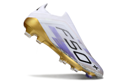 Men's Adidas F50+ Elite Lightstrike Pro Laceless FG Firm Ground Low-Tops Football Boots - White/Purple/Gold