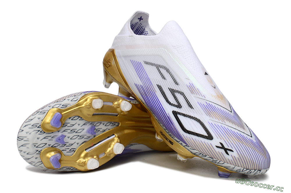 Men's Adidas F50+ Elite Lightstrike Pro Laceless FG Firm Ground Low-Tops Football Boots - White/Purple/Gold 3
