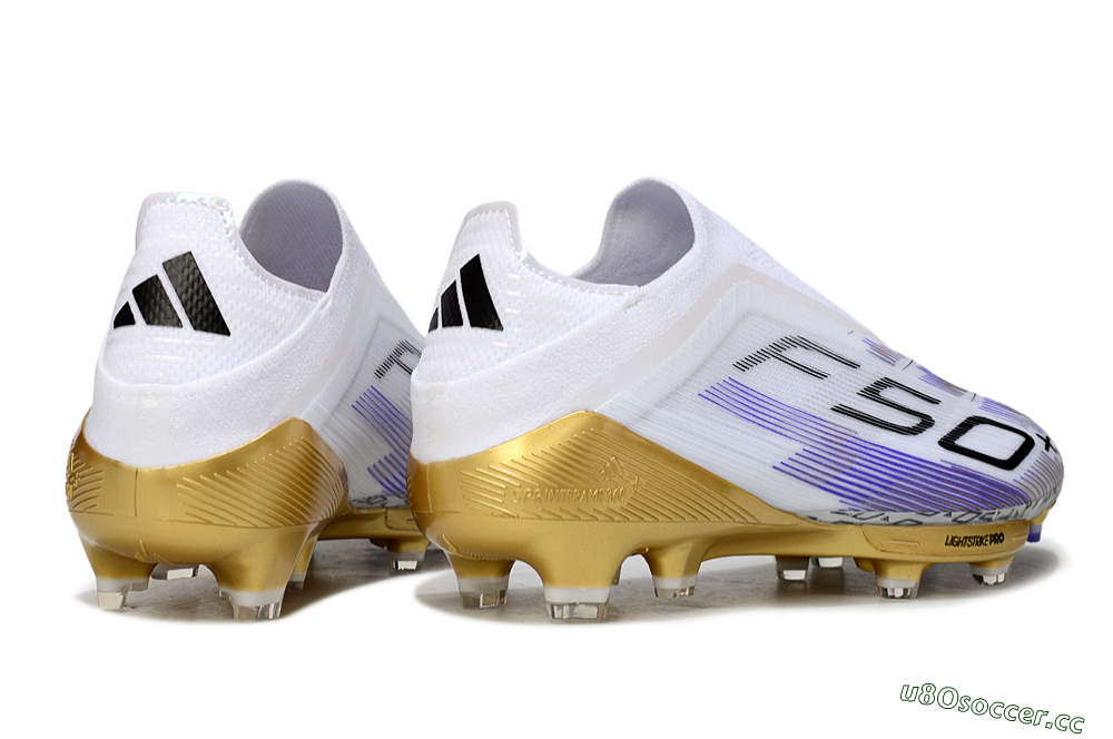Men's Adidas F50+ Elite Lightstrike Pro Laceless FG Firm Ground Low-Tops Football Boots - White/Purple/Gold 6