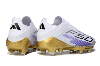 Men's Adidas F50+ Elite Lightstrike Pro Laceless FG Firm Ground Low-Tops Football Boots - White/Purple/Gold