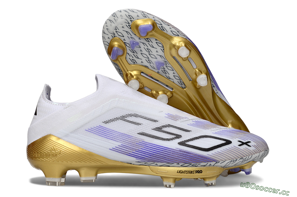 Men's Adidas F50+ Elite Lightstrike Pro Laceless FG Firm Ground Low-Tops Football Boots - White/Purple/Gold 2