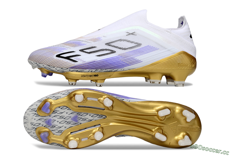 Men's Adidas F50+ Elite Lightstrike Pro Laceless FG Firm Ground Low-Tops Football Boots - White/Purple/Gold 1