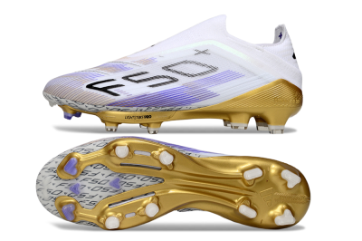 Men's Adidas F50+ Elite Lightstrike Pro Laceless FG Firm Ground Low-Tops Football Boots - White/Purple/Gold