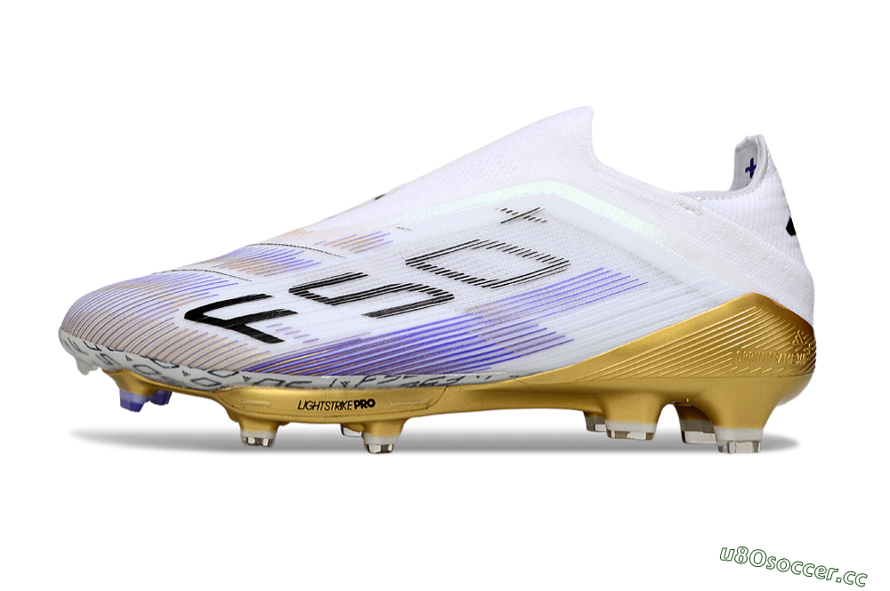 Men's Adidas F50+ Elite Lightstrike Pro Laceless FG Firm Ground Low-Tops Football Boots - White/Purple/Gold 0